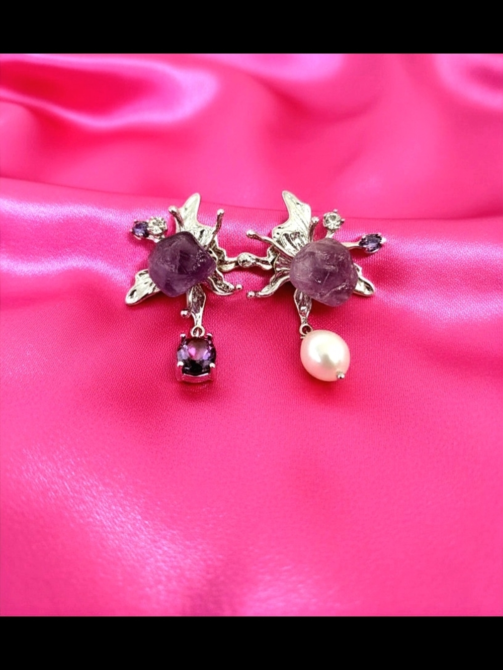 Assymetrical Earrings - 925 Silver Needle, Natural Stone‎ ,Pearl & Crystal